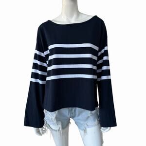 Faherty Striped Cotton Top, Sport Jersey Long Sleeve Tee, Navy/White, Medium